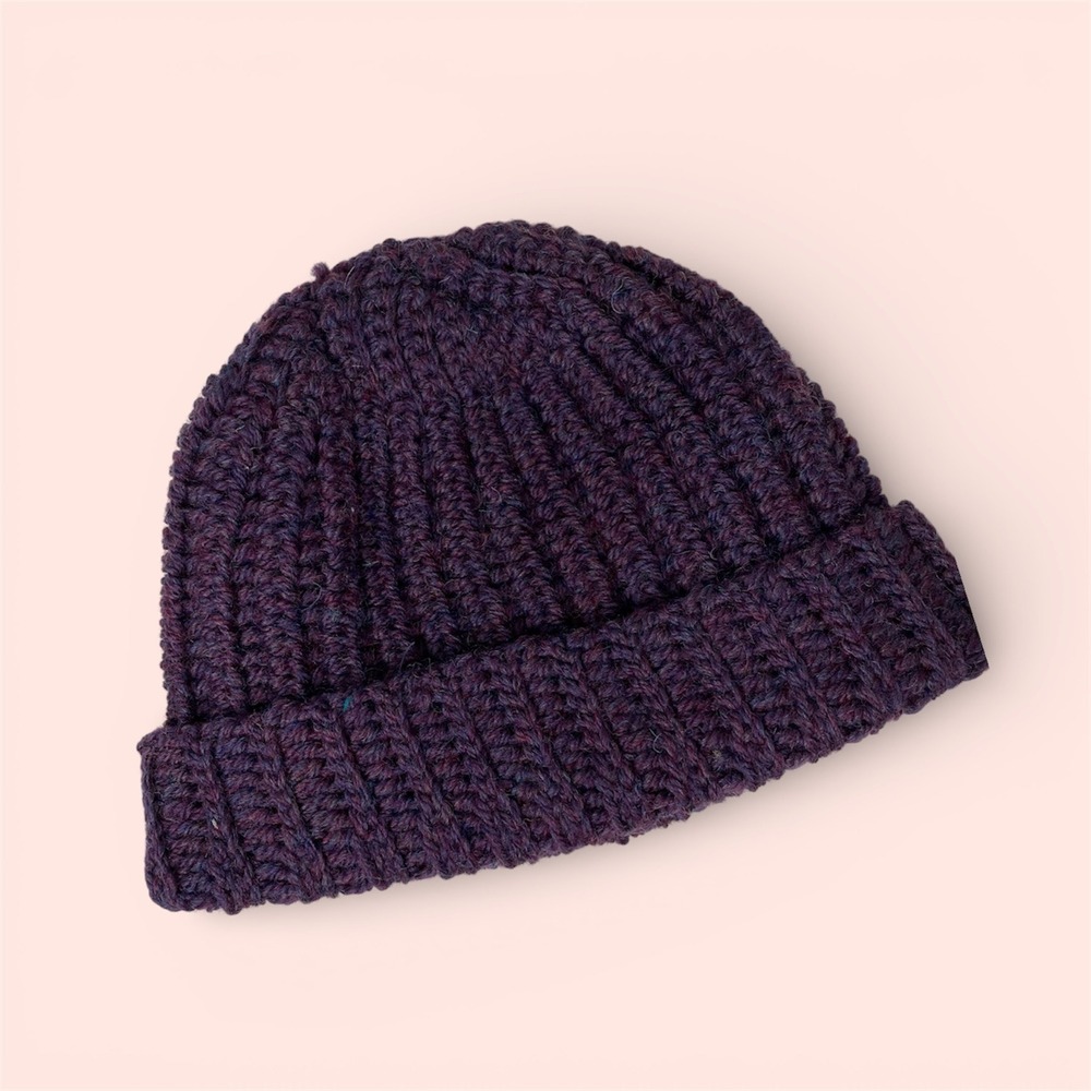 Handmade Chunky Knit Beanie Hat Deep Purple Ribbed Cuffed Winter Warm Unisex